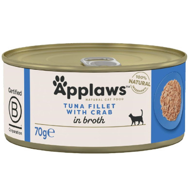 APPLAWS Natural – conservă hrană umedă complementară pentru pisici, file de ton și crab, 70 g